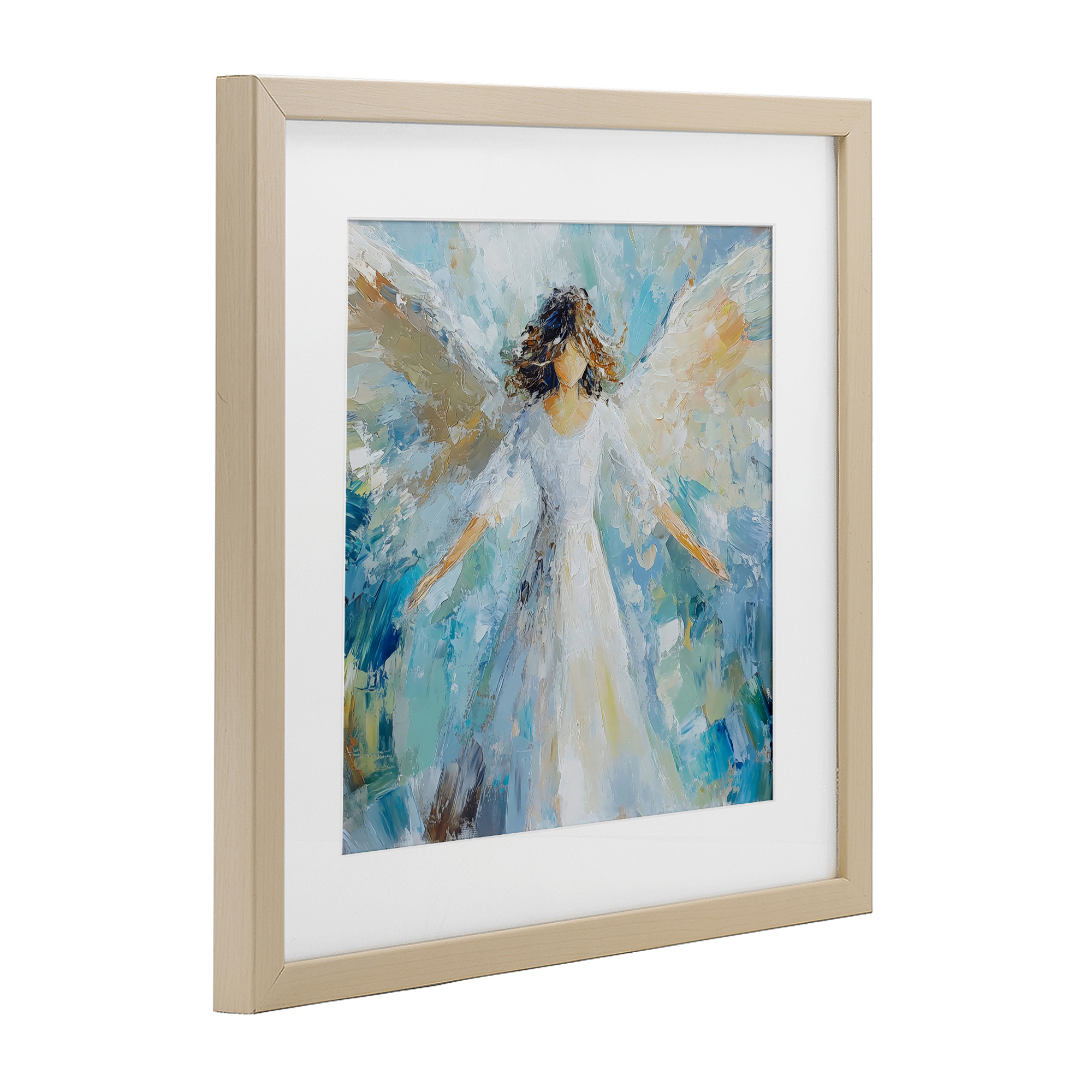 Flying Glory Angel Birch Framed Print Under Glass, design by Petal Prints Design