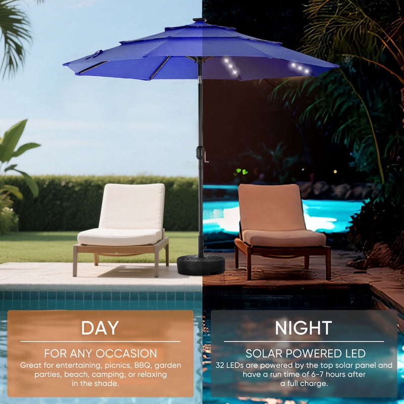Gianna 10FT 3-Tier Solar Patio Umbrella with 32 LED Lights, Outdoor Umbrellas with Push Button Tilt and Crank,Navy Blue