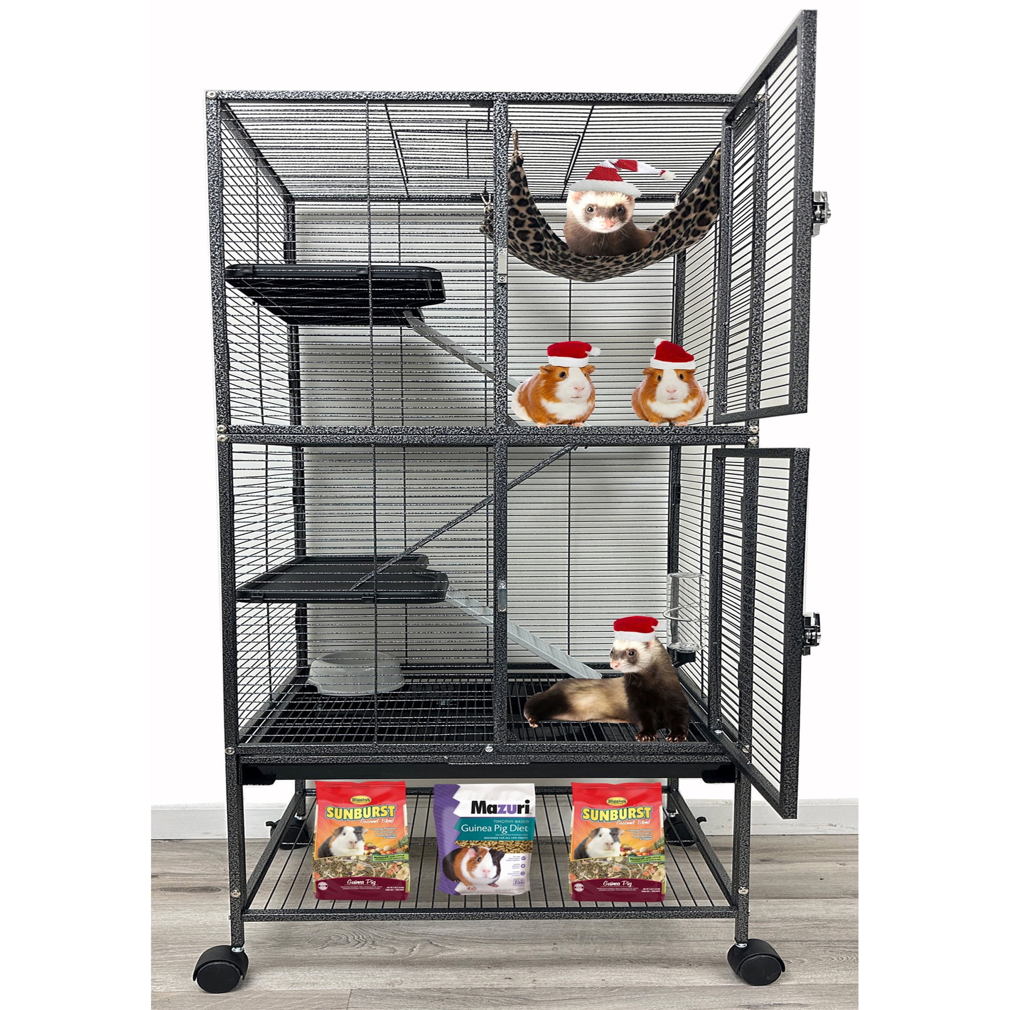 31"x18.5"x53.5"H X-Large Double Unit Two Full Story 4-Tiers Tight 1/2-Inch Bar Spacing Large Front Doors for Feisty Ferret Squirrel Hammock Chinchilla Rat Gerbil Small Animals Critters Rolling Cage