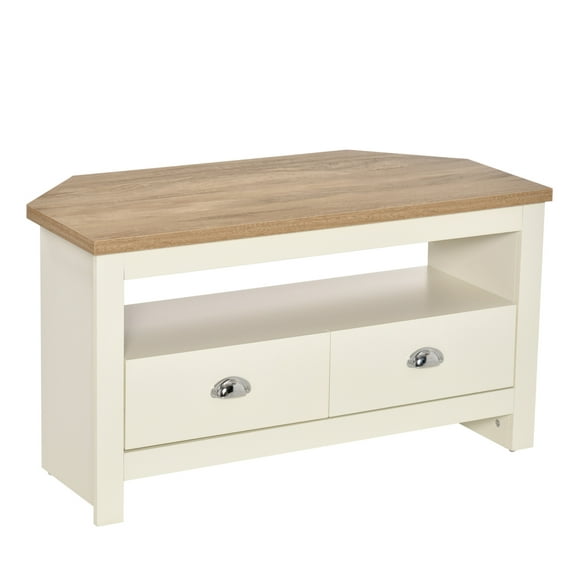 Corner TV Stand Up To 50", Entertainment Center TV Console Table with Drawers and Open Storage Compartment for Living Room, White