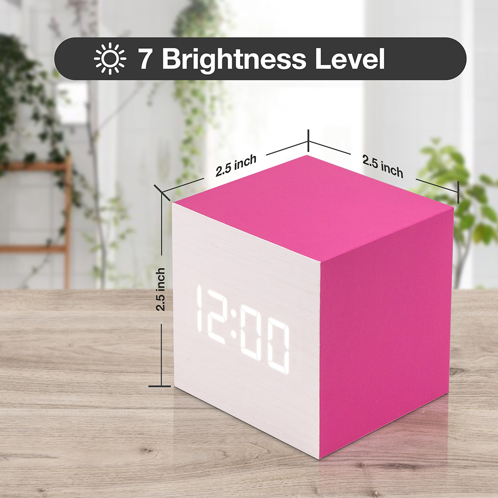 Ultra Modern Wooden LED Clock Square Cube Alarm Thermometer Timer Calendar Updated 2016 Brighter Stylish Wood Clock- White Hot Pink
