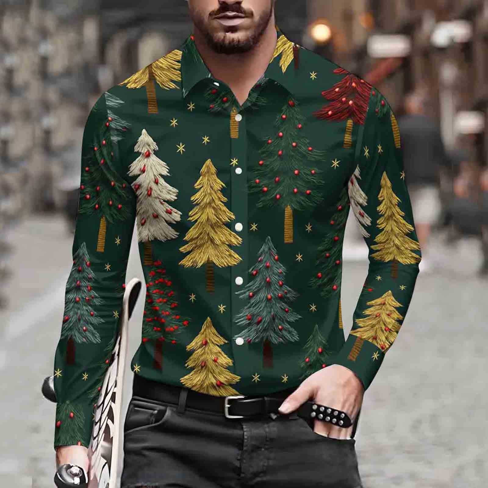 DiBanGu Men's Christmas Shirt - Green & Gold Shiny Holiday Button-Down Dress Shirt With Festive Prints, Long Sleeve For Parties & Vacation