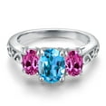 thumbnail image 3 of Gem Stone King 925 Sterling Silver Swiss Blue Topaz and Pink Created Sapphire Filigree Style 3 Stone Ring for Women (2.50 Cttw, Oval 8X6MM and 6X4MM) (Size 5), 3 of 6