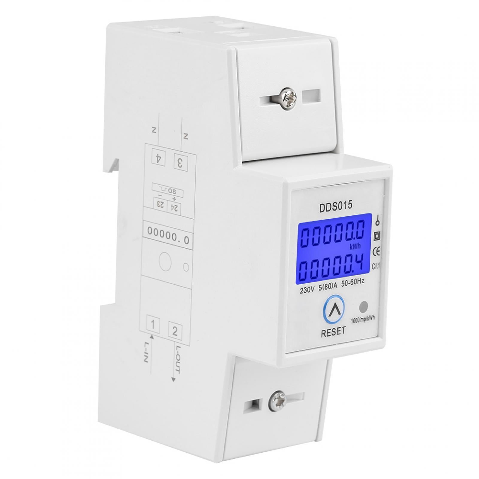 Electric Energy Meter 5-80A 230V 50Hz Digital LCD Single Phase Energy Consumption Wattmeter with DIN Rail Mounting DDS015