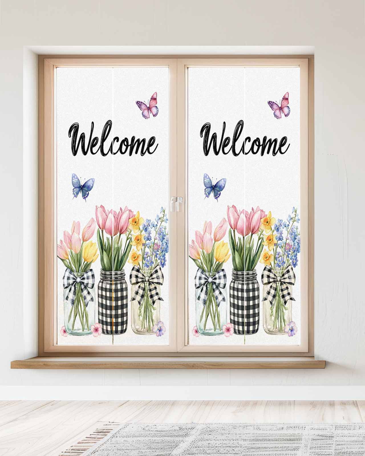 Window Privacy Film Spring Flowers Stained Glass Window Film Decorative Sun Block Window Cover Farmhouse Tulip Botanical Watercolor Window Clings Static Adhesive Sticker for Bathroom 23.6"x59"