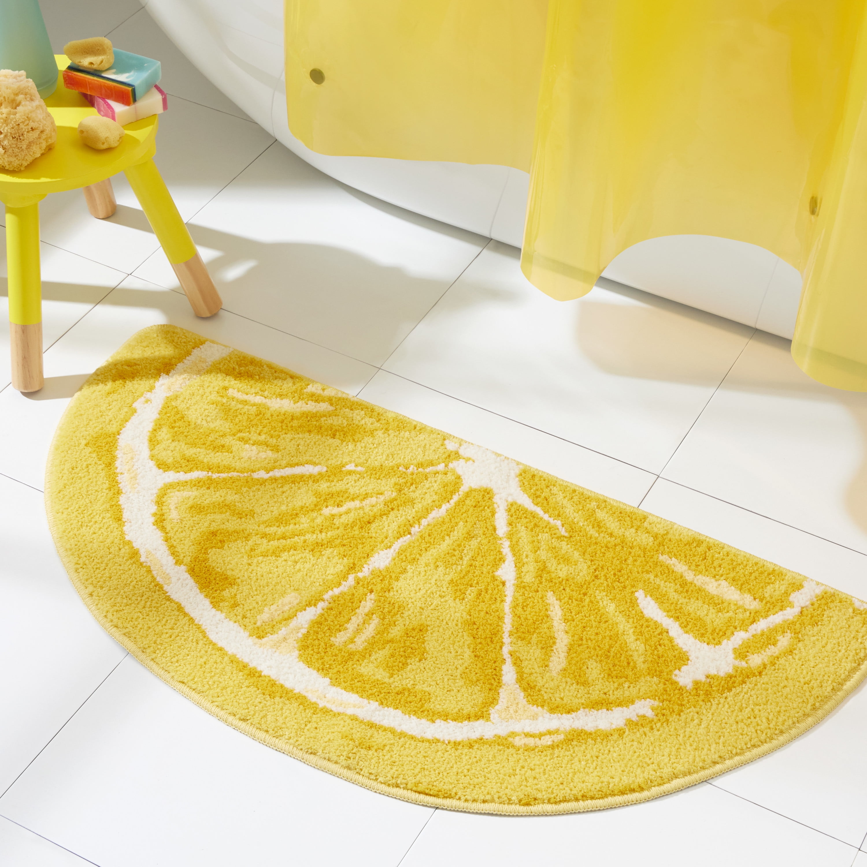 TOWN & COUNTRY PLAY Citrus Slice Lemon Half Circle Shaped Bath Mat, Absorbent Tufted Floor Mat, Non-Slip Backing, Machine Washable, Yellow, 34.7"x18.1"