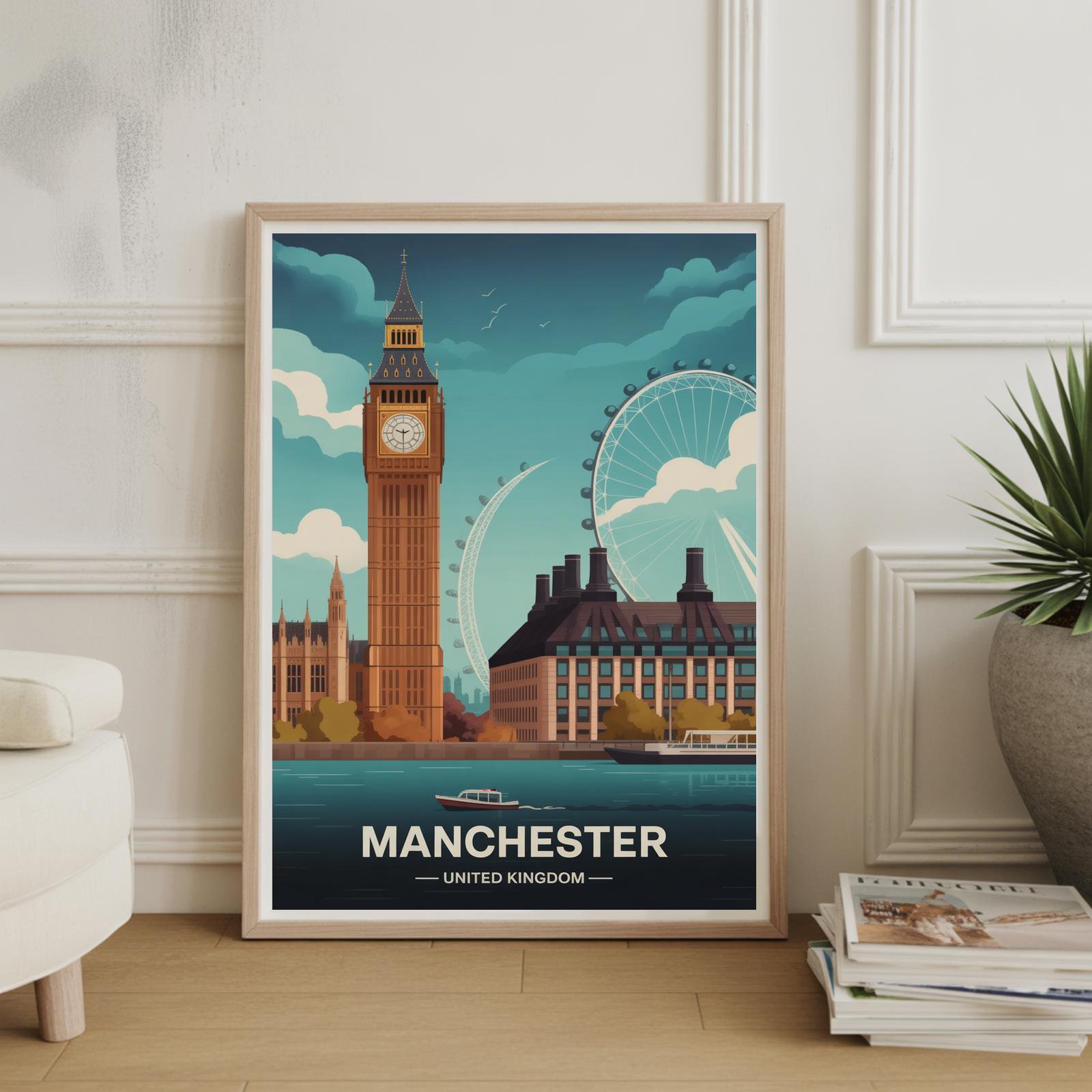 Manchester Skyline Travel Poster, UK Cityscape Wall Art, England Urban Decor , Poster Print Only
