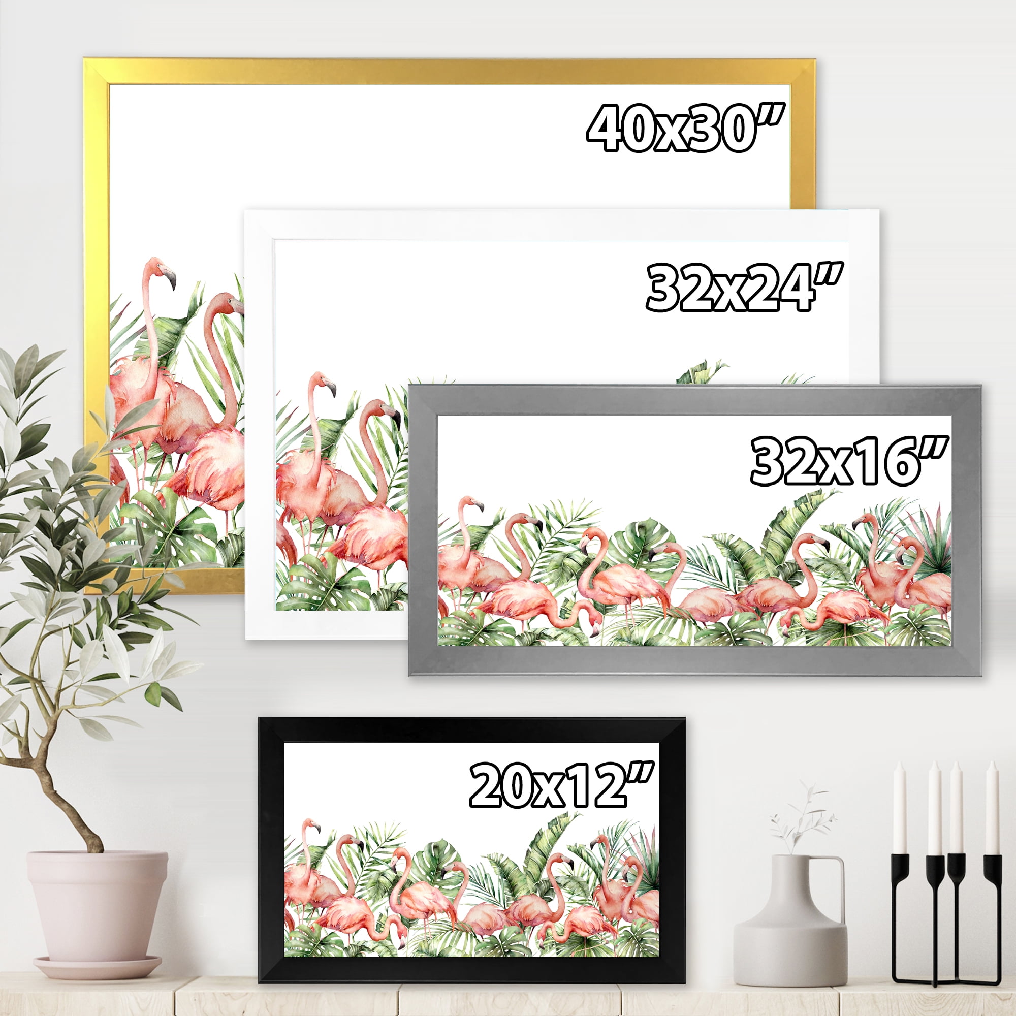 Designart 'Palm Leaves and Pink Flamingos Tropical Birds' Traditional Framed Art Print
