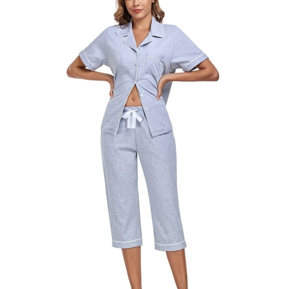 EA'S SECRET 100% Cotton Women's Pajama Sets Short Sleeve Button Down Capri Nightwear V Neck Pjs Sleepwear with Pockets(Light Grey,XL)