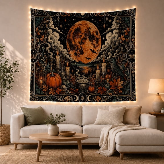 Orange Moon, Pumpkins, Crow, Bats, and Cauldron in a Spooky Gothic Scene for Dark Art Lovers, Witchy Occult Decor Halloween Gift Tapestry Wall Hanging for Bedroom and Living Room