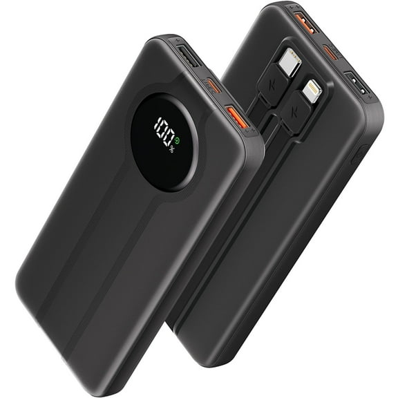 Aioneus Portable Charger Power Bank with Built-in Cables, 10000mAh 20W Fast Battery Pack, Black