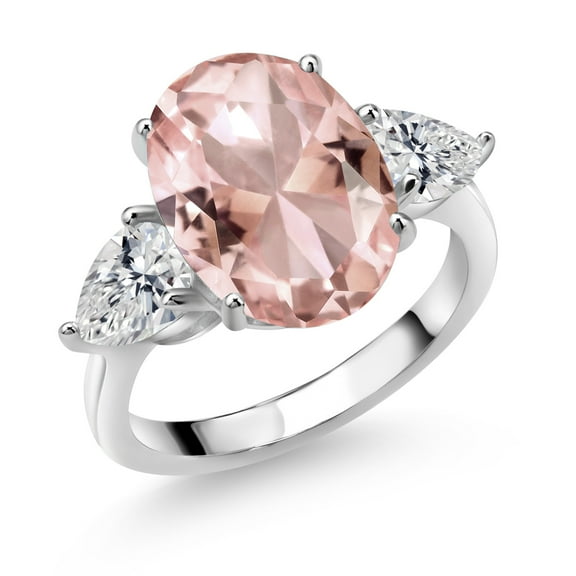 Gem Stone King 925 Sterling Silver Peach Nano Morganite and Lab Grown Diamond Engagement Ring for Women | 10.24 Cttw | Oval 14X10MM | Gemstone October Birthstone | Size 7