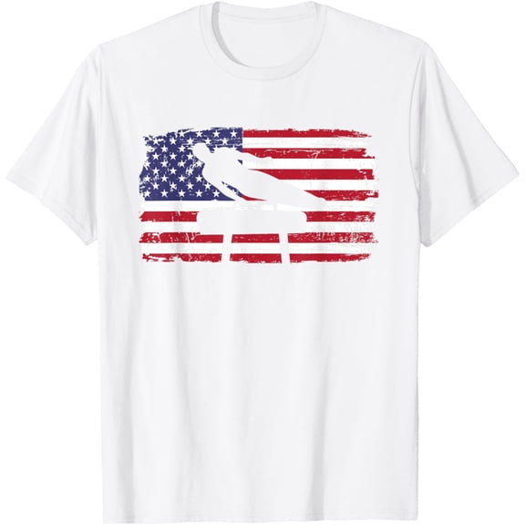 Gymnastics Pommel Horse Guy USA American Flag Sports Team T-ShirtMen and women, Black T-shirt, size: Extra large S-4XL