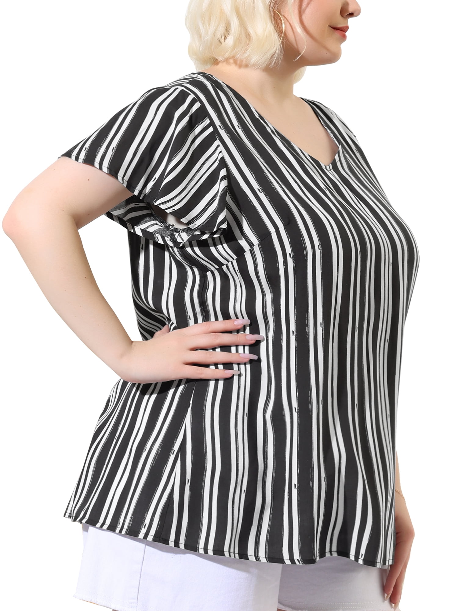 Unique Bargains Women's Plus Size Blouses Short Sleeve Loose Stripe Top
