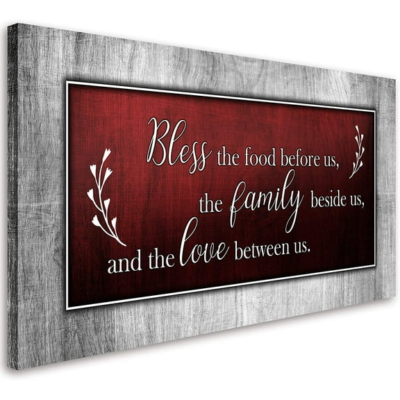 VELVET Motivational Quotes Christian Wall Art Red and Grey Canvas Prts Bless The Food Quote Wall Pictures Artwork for Home Livg Room Dg Room Kitchen Decor 10x8inch Framed