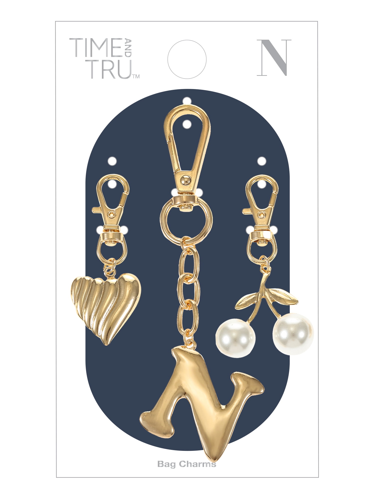 Time and Tru Goldtone Initial Letter Bag Charm Set, 3 Pieces, Letter N