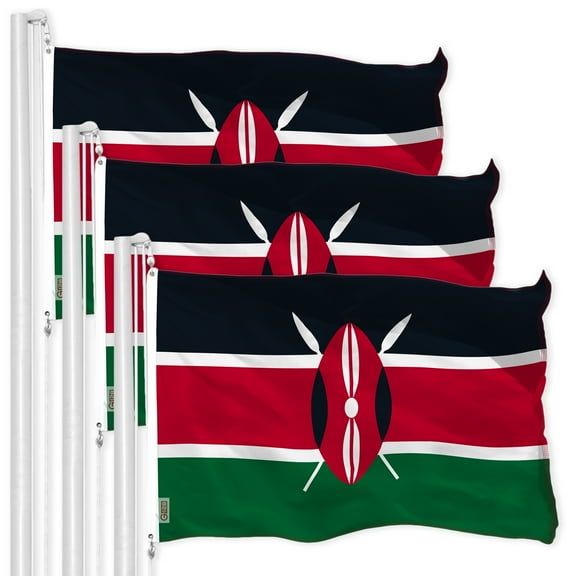 G128 – 3 Pack: Kenya (Kenyan) Flag | 3x5 feet | Printed 150D – Indoor/Outdoor, Vibrant Colors, Brass Grommets, Quality Polyester, Much Thicker More Durable Than 100D 75D Polyester
