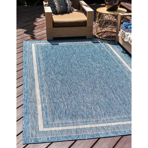 Outdoor Border Collection Area Rug - Soft Border (6' 1" x 9' Rectangle, Blue/ Ivory)