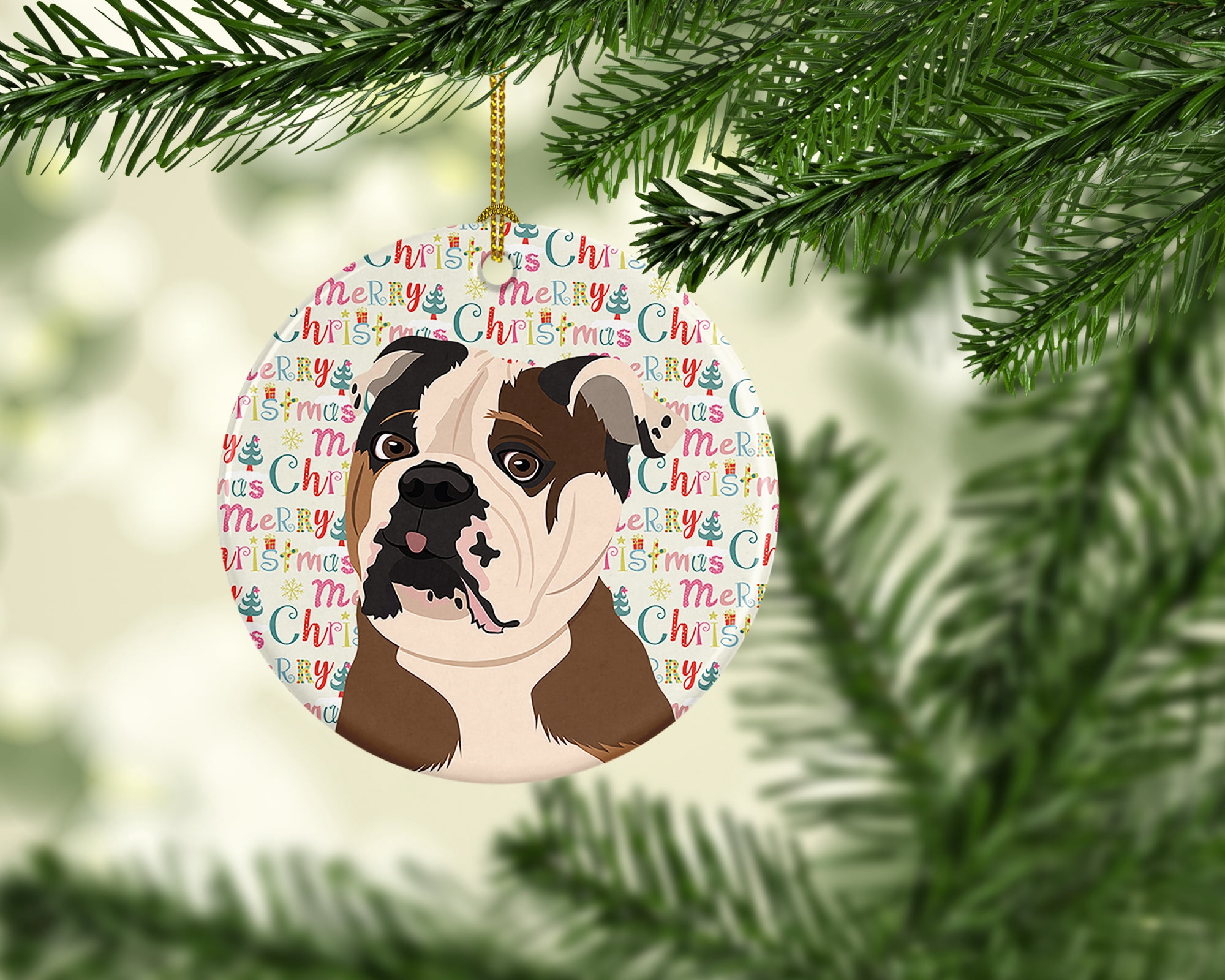 English Bulldog Chocolate Tan Christmas Ceramic Ornament 2.8 in x 2.8 in