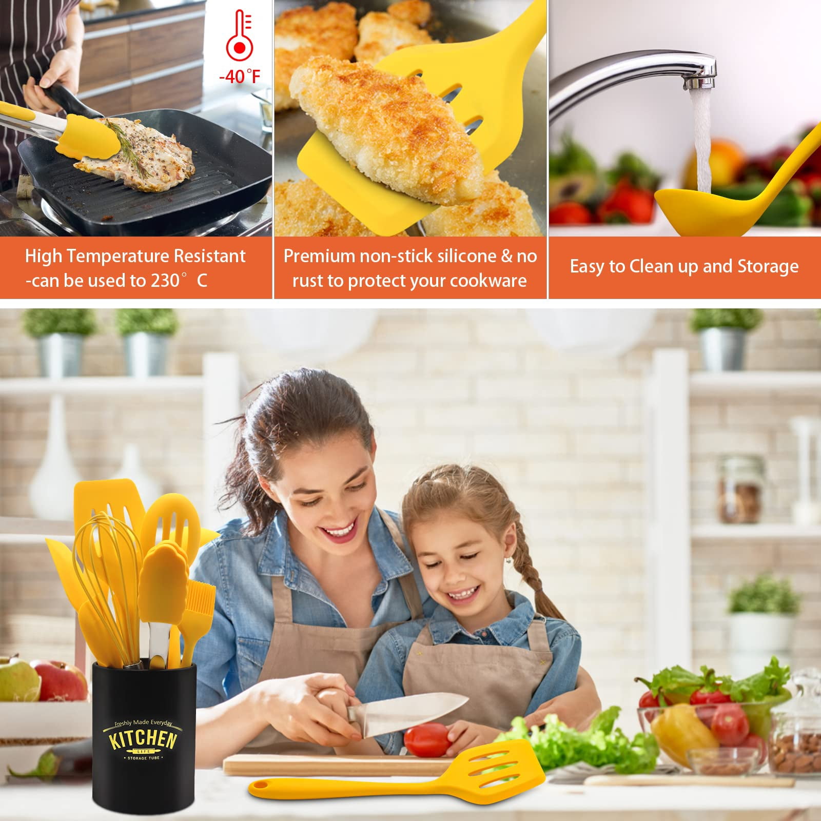 11-Piece Silicone Cooking Utensil Set, Non-Stick Kitchen Gadgets with Spatulas, Includes Iron Utensil Holder, Non-Scratch Heat-Resistant Kitchen Tools (Yellow)