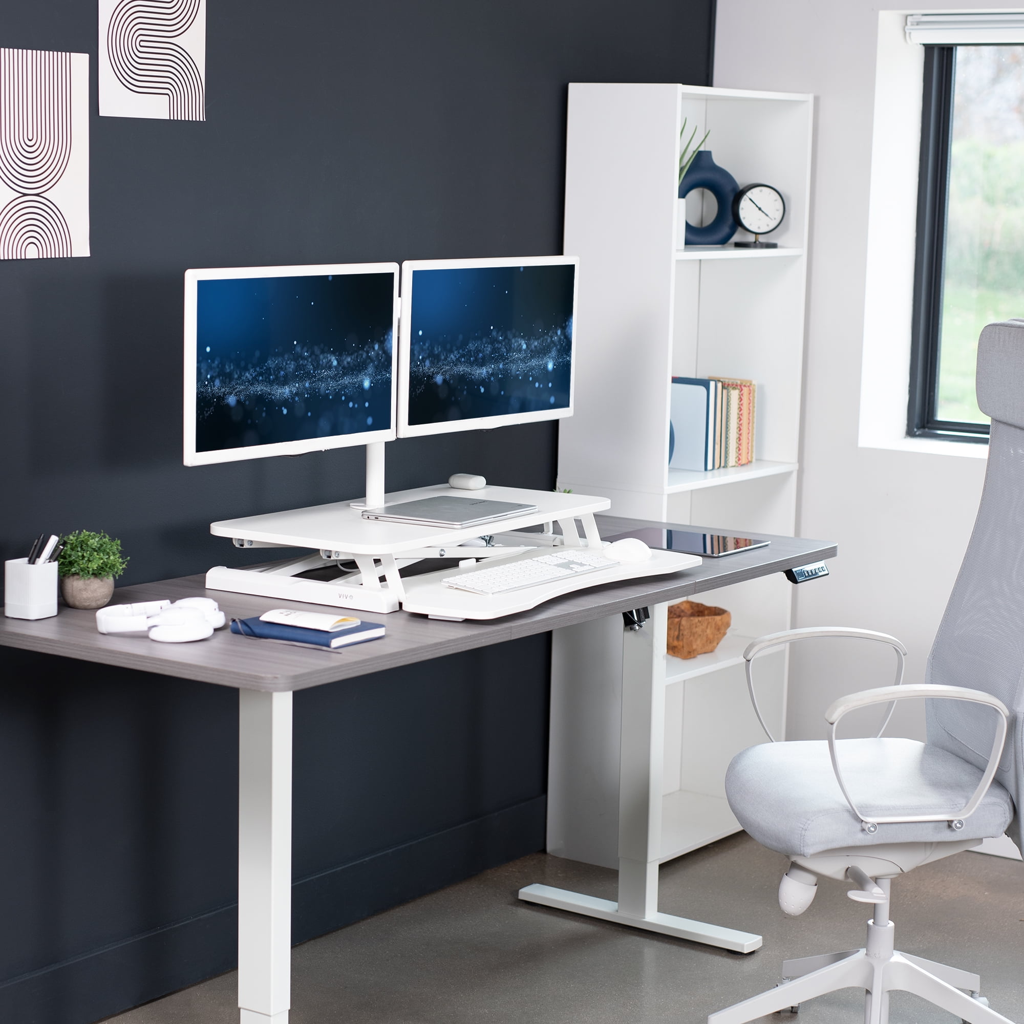 VIVO White 32" Standing Desk Riser with Adjustable Dual 13" to 30" Monitor Mount