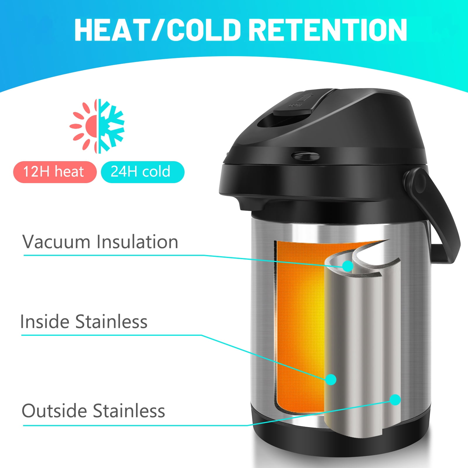 SSAWcasa 102oz Airpot with Pump Stainless Steel Coffee Carafe Insulated Coffee Dispenser for Hot/Cold Beverages - 12 Hours Heat Retention