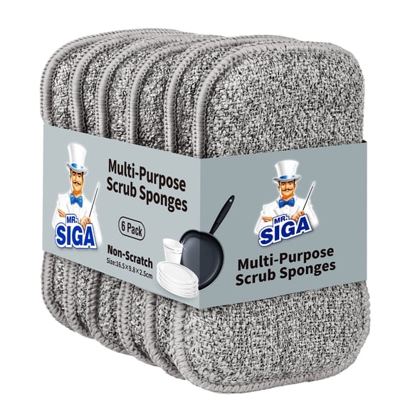 MR.SIGA Dual-Sided Scrub Sponges, Dishwashing Sponges for Kitchen, 6 Pack