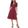 thumbnail image 2 of INSPIRE CHIC Women's Summer Wrap V Neck Puff Short Sleeve Midi Swing Dress with Pockets S Wine Red, 2 of 6