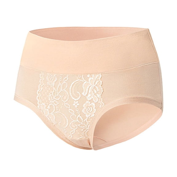 Voncos Womens Plus Size High Waisted Cotton Panties, Beige Tummy Control Lace Underwear (S-5XL),Size 5XL