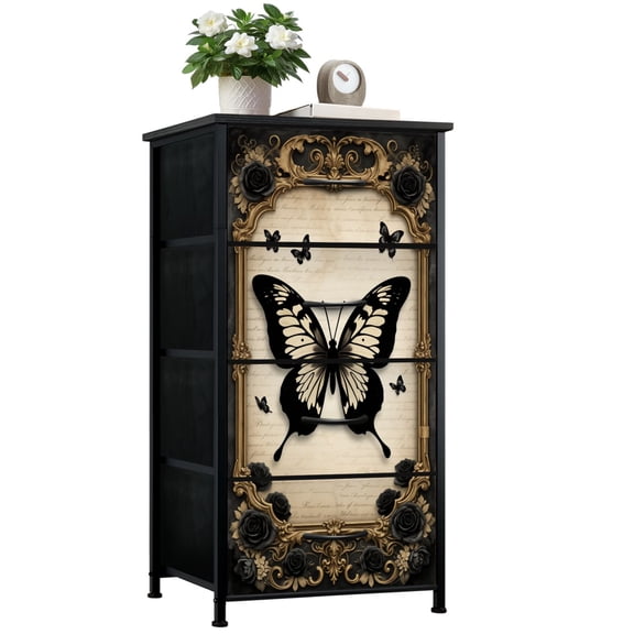 Gothic Dresser for Bedroom with 4 Storage Drawers Elegant Black White Butterfly Floral Frame Vintage Script Dressers Chest of Drawers Steel Framed Fabric Closet Organizers for Dorm Entryway