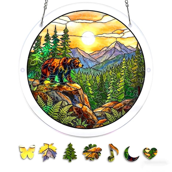 Acrylic Sunset Stained Glass Suncatcher Puzzle 83 Pieces, Brown Bear Mountain Wildlife Nature Scene Rainbow Maker Window Hanging Ornament, Translucent Decor for Cabin Home, Craft Gift