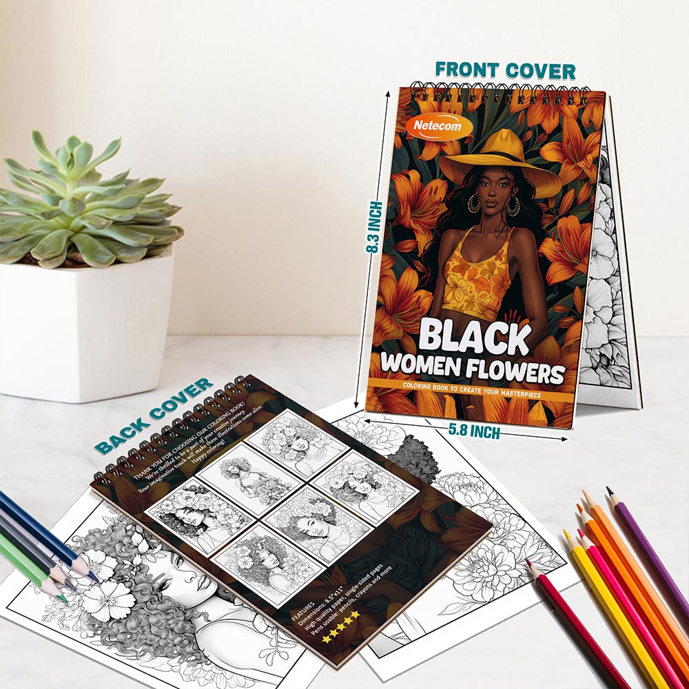 Netecom Black Women Flowers Coloring Book Spiral Bound For Adults, A5 Wooden Cover, 30 Elegant Coloring Pages in Beautiful Floral Portraits for Stress Relief and Relaxation
