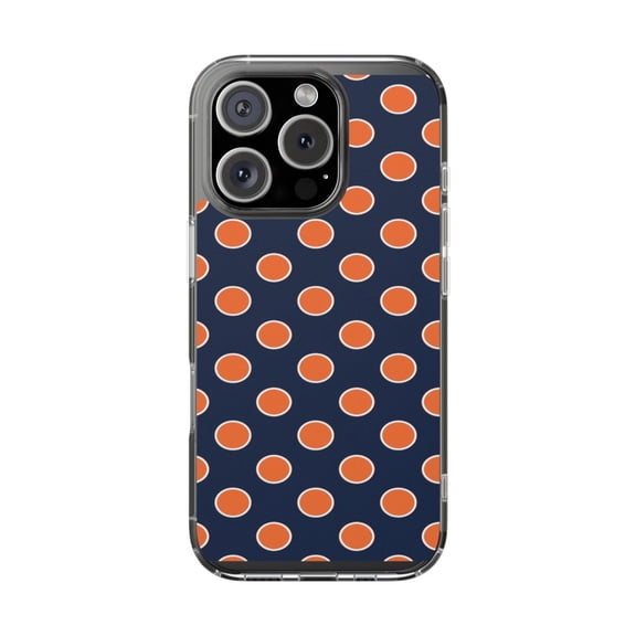 DistinctInk Clear Hybrid Case for Apple iPhone 16 Pro (6.3" Screen) - Navy Orange White Polka Dots - Slim Profile Design