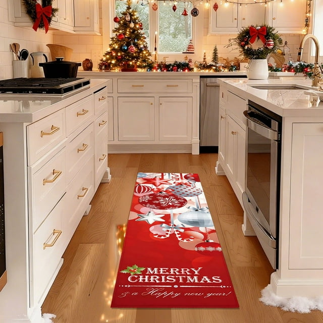 Tapis de Noël Superposé 40x120cm Antidérapant Polyester Rouge / Tapis d'Entrée Festif / Tapis de Porche pour Porte d'Entrée / Tapis de Sol Antidérapant Intérieur Extérieur / Facile à Nettoyer Durable