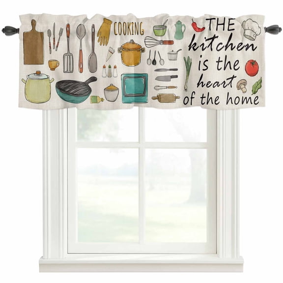 Kitchenware Farmhouse Short Window Curtain Valances, Vintage Kitchen Cooking Tool Retro Beige Rod Pocket Kitchen Valances for Living Room Bedroom Bathroom Cafe 60" x 18"