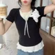 thumbnail image 4 of Tops de manga corta estilo tweed de dos piezas con ilusión Ropa de mujer Verano Petite Adelgazante Top versátil Sensibility Niche, 4 of 4