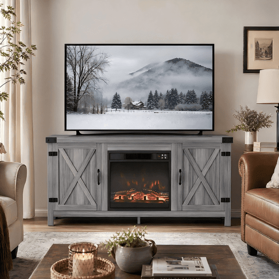 Homall Fireplace TV Stand for TVs up to 65 inch, Modern Farmhouse TV Stand Double Barn Door for Living Room, Gray Wash