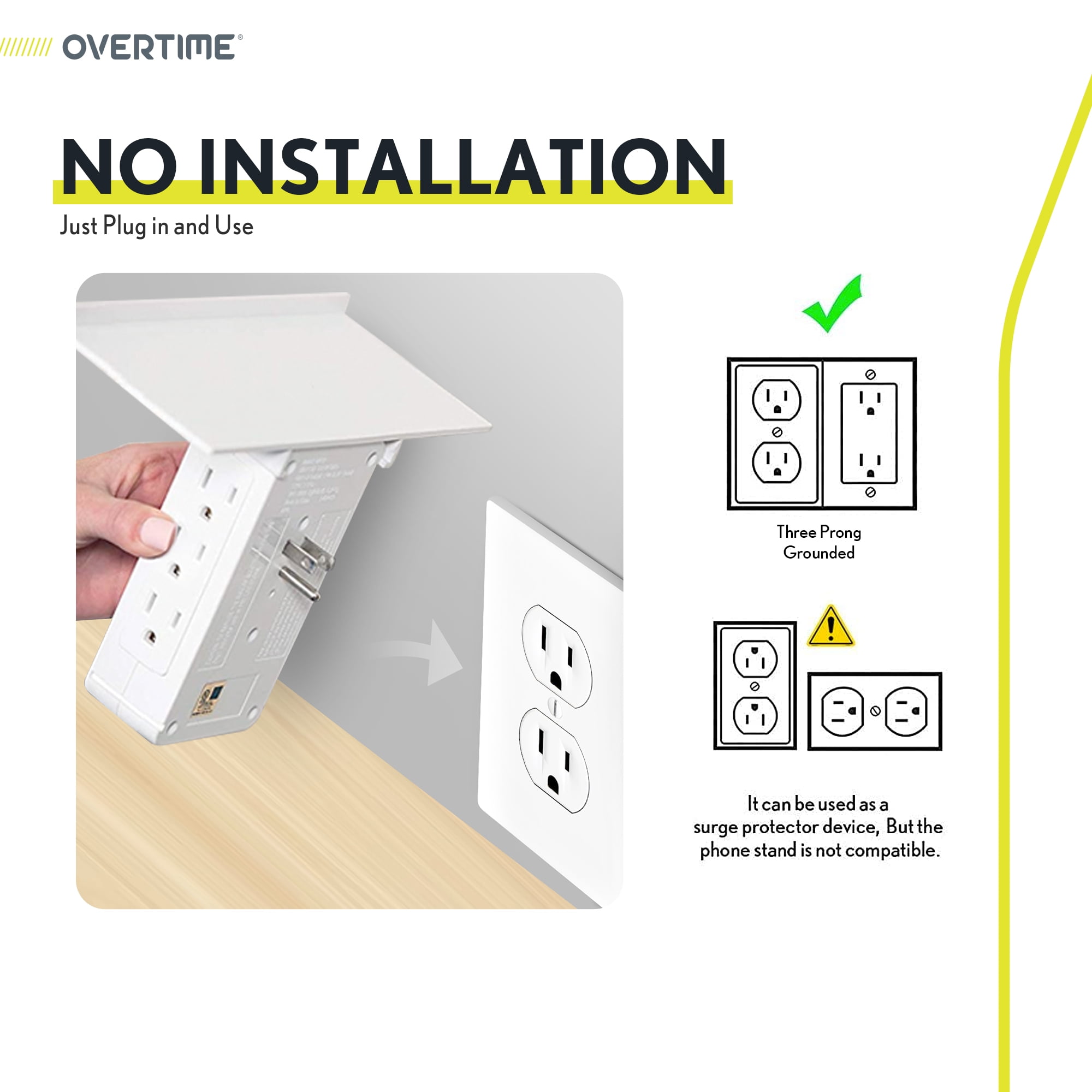 Overtime Outlet Extender, Outlet Splitter With 8 AC and 3 USB Outlets, Detachable Shelf, Multi-Plug Outlet Extender With Surge Protector for Home Appliances, Office, and Travel - White