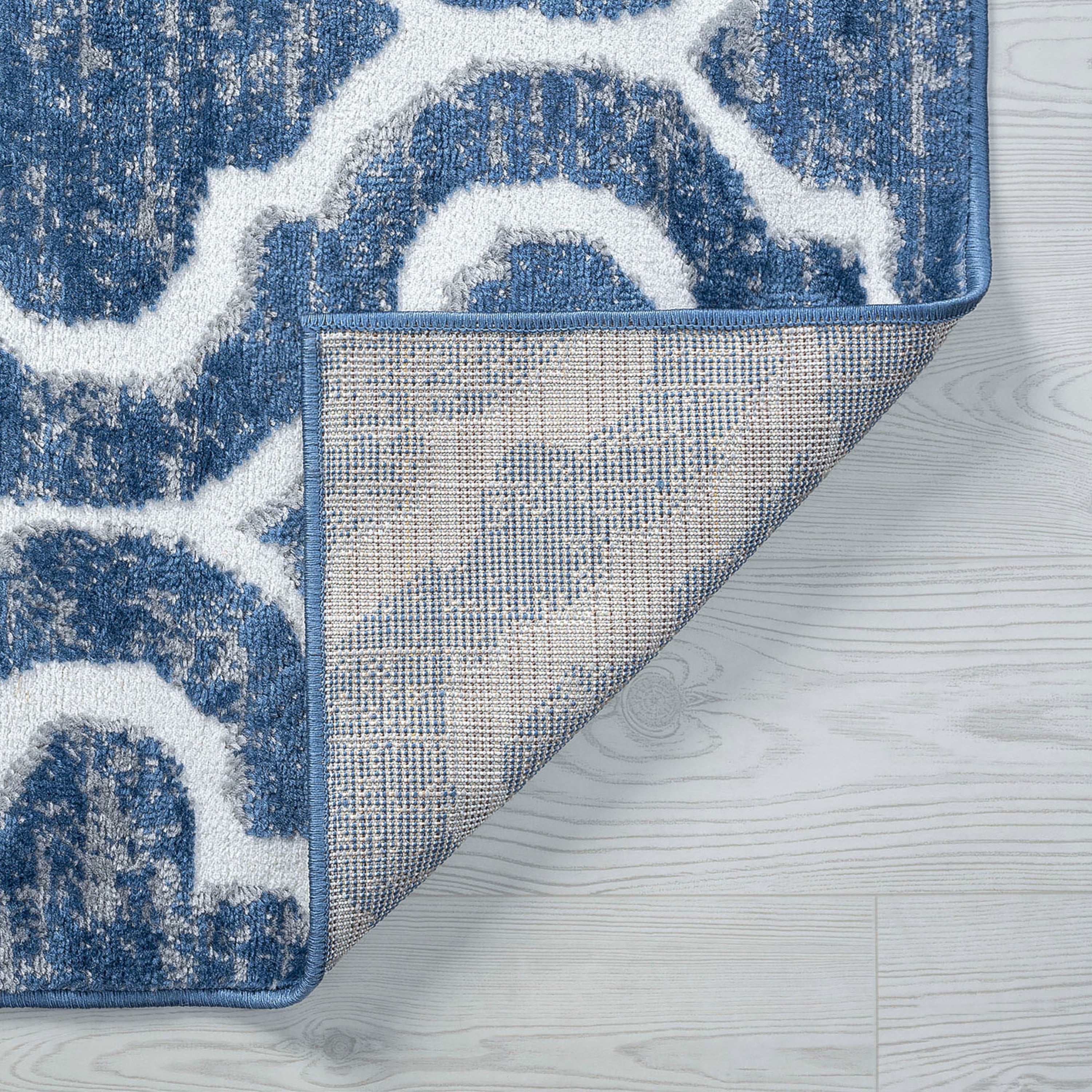 Transitional 8x10 Area Rug (7'11'' x 10'3'') Geometric Blue, White Living Room Easy to Clean