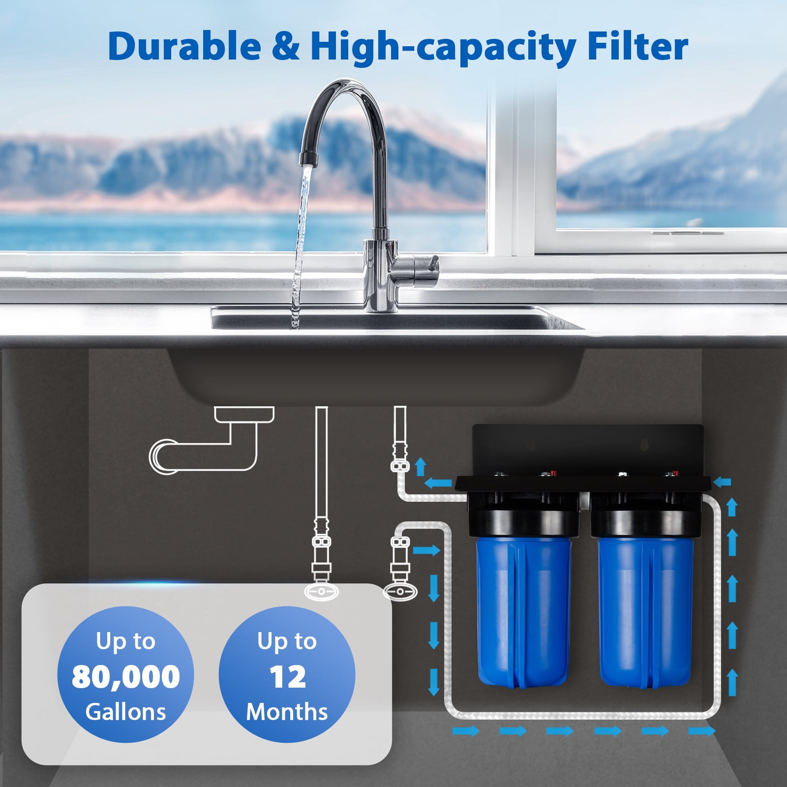 iSpring US21B-CPB 4-Layer High Capacity Under Sink Water Filter, Reduces Lead, PFAS, PFOA/PFOS, Chlorine, Bad Taste & Odor, w/ 2 Upgraded Direct Connect Hoses