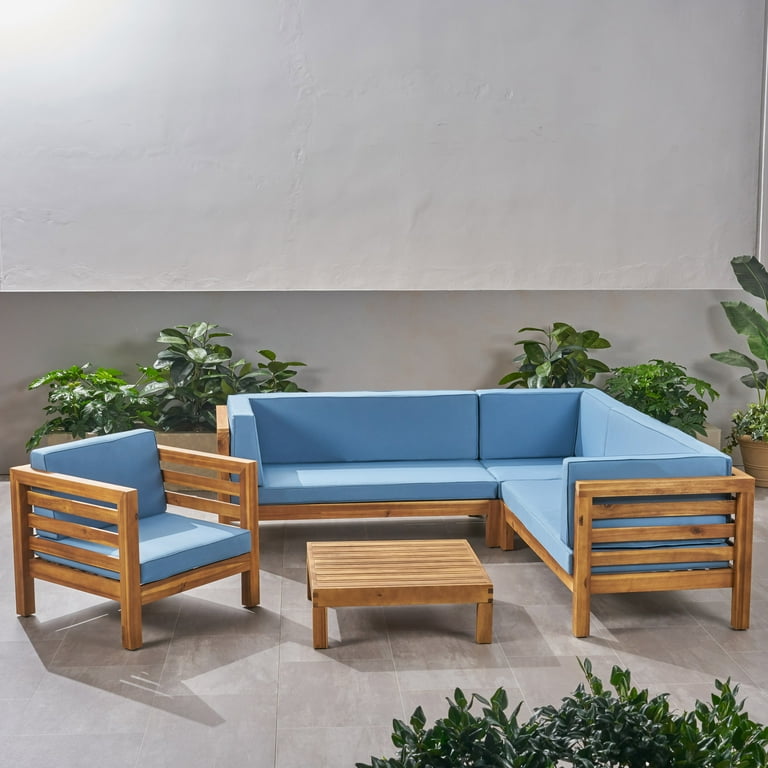 Frankie Outdoor 6 Seater Acacia Wood Sectional Sofa and Club Chair