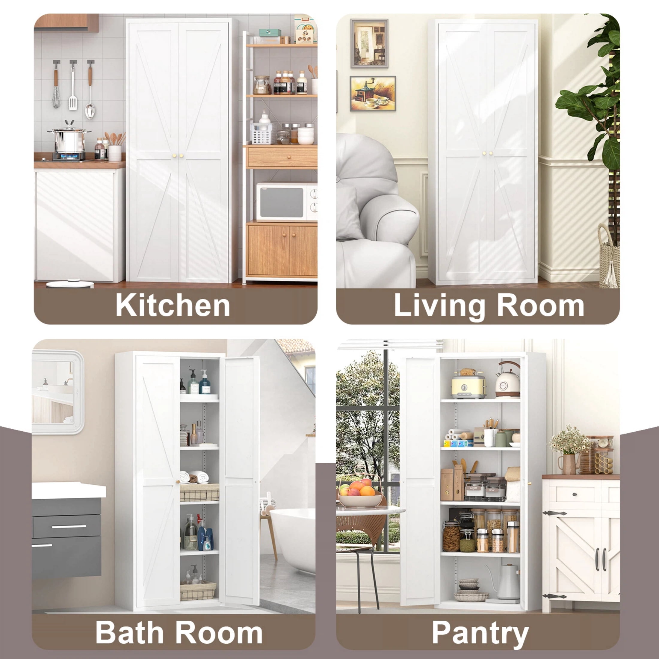 AISWORD 71 Inch Metal Kitchen Pantry Cabinet, Freestanding Storage Cupboard with 4 Adjustable Shelves, 5-Tier Tall Storage Cabinet for Kitchen Bathroom Laundry Garage, White
