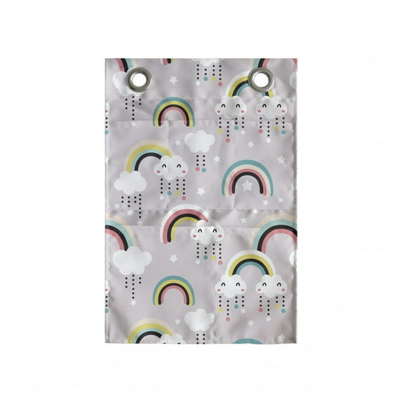Rainbow Hanging Pocket Organizer, Design of Surreal Clouds Stars and Drops Polka Dots Pattern, Printed Polyester Storage Bag with Pockets, 14" x 20", Multicolor