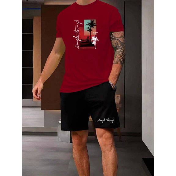 Men's printed T-shirt and shorts two-piece set.