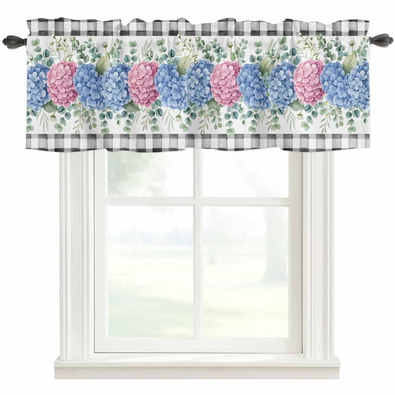Blue Pink Hydrangea Rod Pocket Curtain Valance, Eucalyptus Leaves Summer Botanical Plaid Farmhouse Window Valance for Living Room, Bedroom, Kitchen 42"W x 18"L