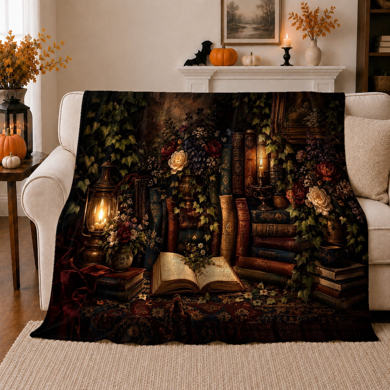 Vintage Books Blooming Floral Stacked Cozy Botanical Garden Scene Warm Flannel Blanket for Sunroom and Reading Nook Garden Lovers Graduation Gift Botanical Home Decor