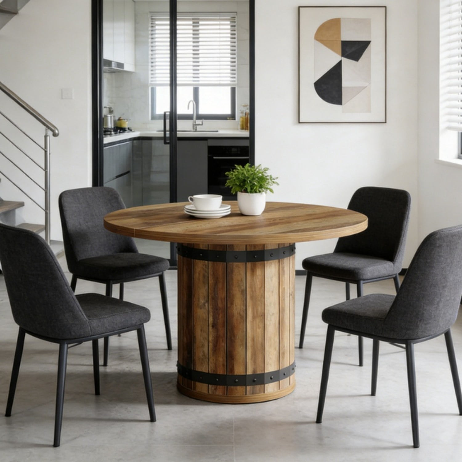 39.37 in Round Farmhouse Dining Table, Rustic Brown MDF, Seats 4