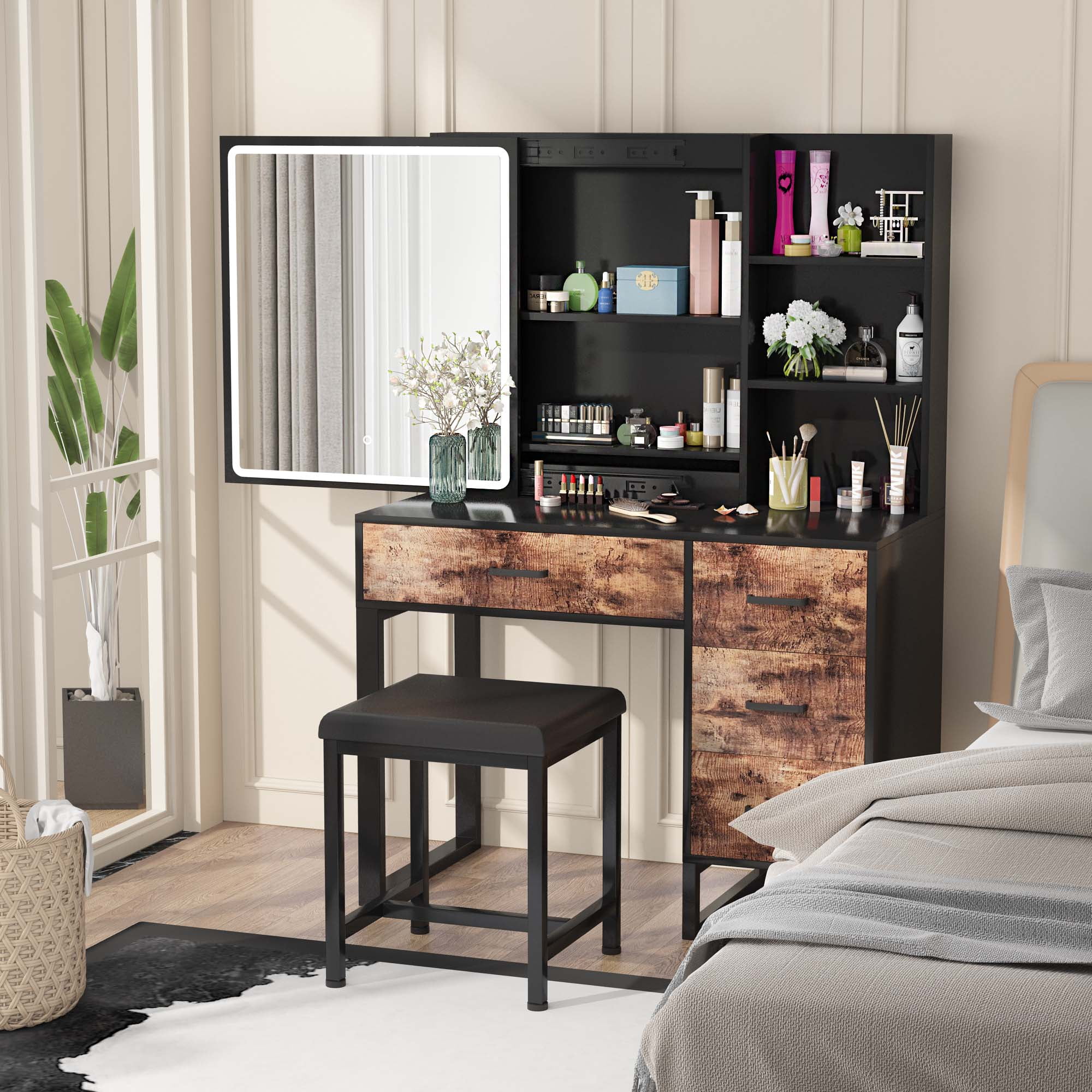 PAKASEPT Vanity Set with Sliding Lighted Mirror, Vanity Desk Makeup