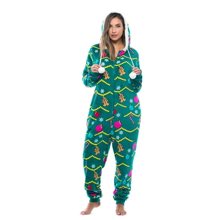Just Love Christmas Print Pom Pom Adult Bodysuit (Christmas Tree Print  Small)