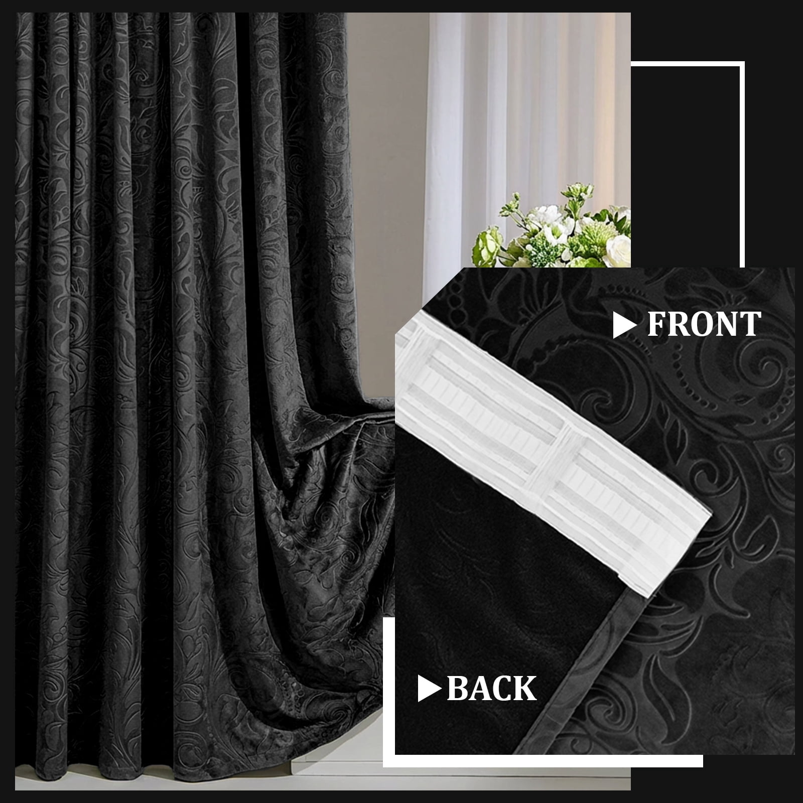 Lapalife Blackout Velvet Curtains, Scroll Floral Pattern Rod Pocket Thermal Insulated Velvet Curtain Drapes for Living Room, 2 Panels, 52"x 96", Black